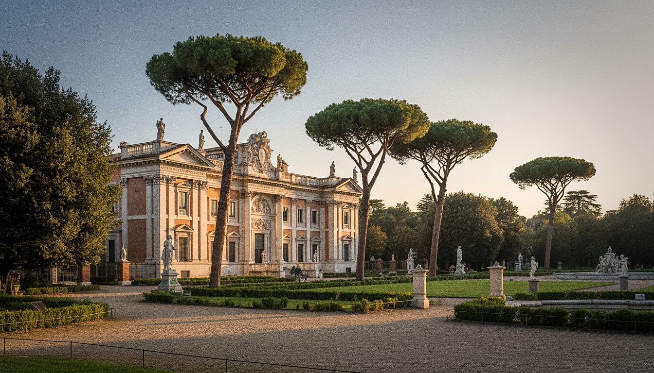Jardines de Villa Borghese con pinos piñoneros y el edificio barroco del Museo Borghese bajo luz cálida romana
